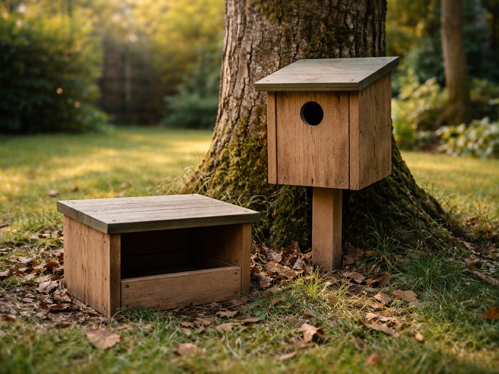 Backyard nest boxes for cavity-nesting birds: one hole-fronted mounted near a tree, one open-fronted nearby.
