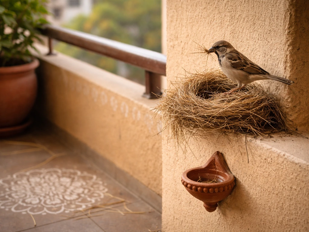 Sparrow nest on an Indian home balcony wall, warm morning light, subtle traditional décor ambiance.