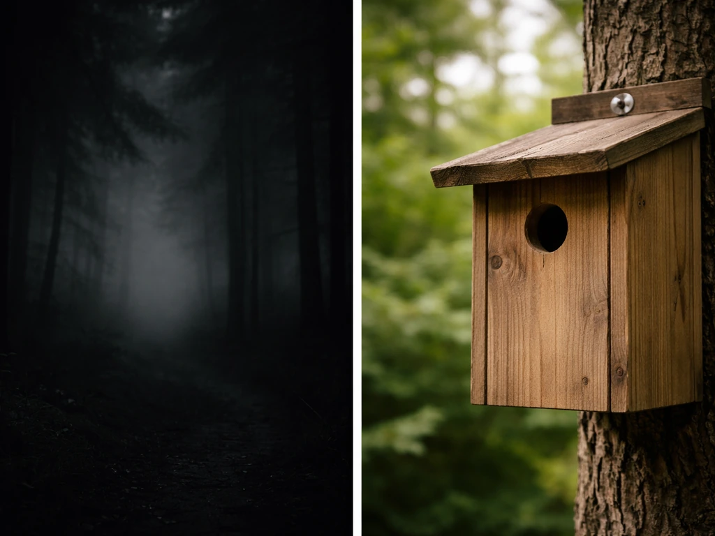 Split image: dark blurry horror-film mood on the left and a close-up wooden bird nest box on the right.