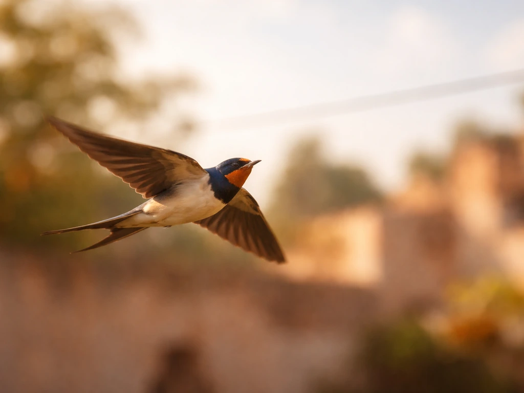 A swallow-like bird in flight with a soft sky background, evoking translation and symbolism in a calm setting.