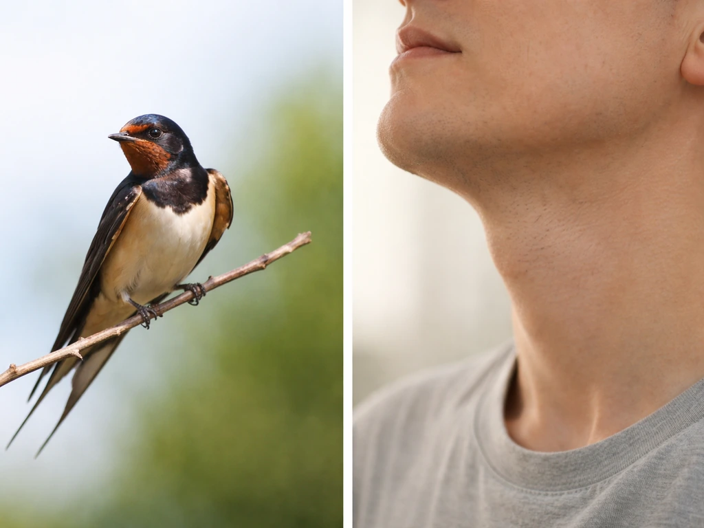 Left: barn swallow perched; right: close-up throat swallowing motion, side-by-side comparison.