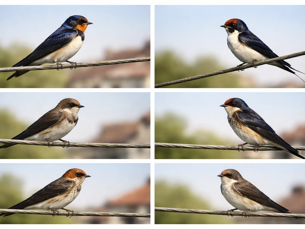 Minimal collage-style photo of several swallow birds perched on a wire outdoors in Gujarat light