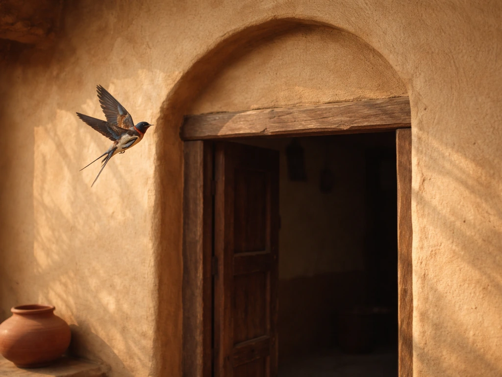 A swallow perched near a traditional Gujarati-style doorway as it returns with the season.