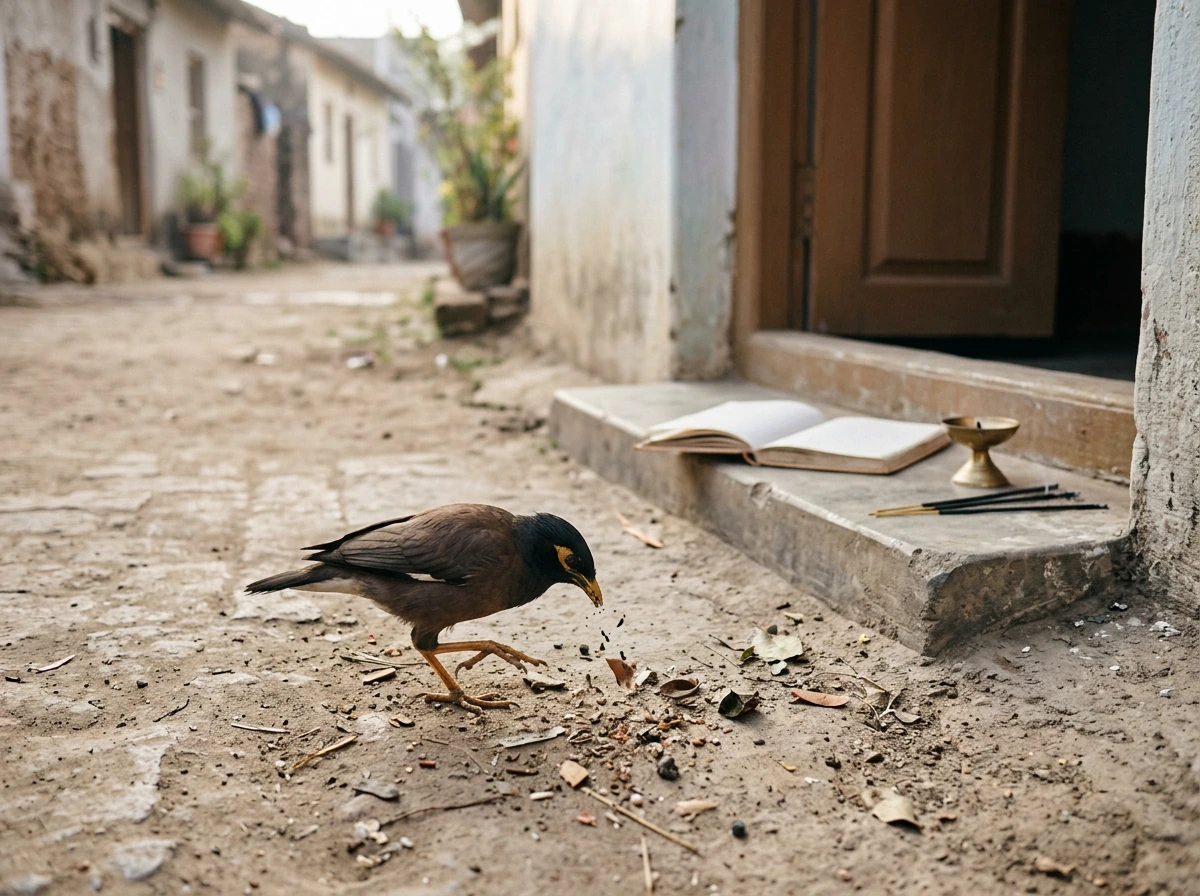 Bird scratching the ground with subtle cultural home/ritual cues in the background